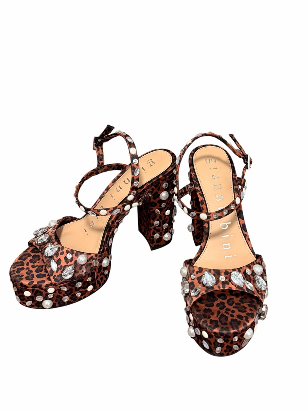 NWT Gianni Bini Calvan Two Leopard Jewel Ornamented Platform Dress Sandals 7.5